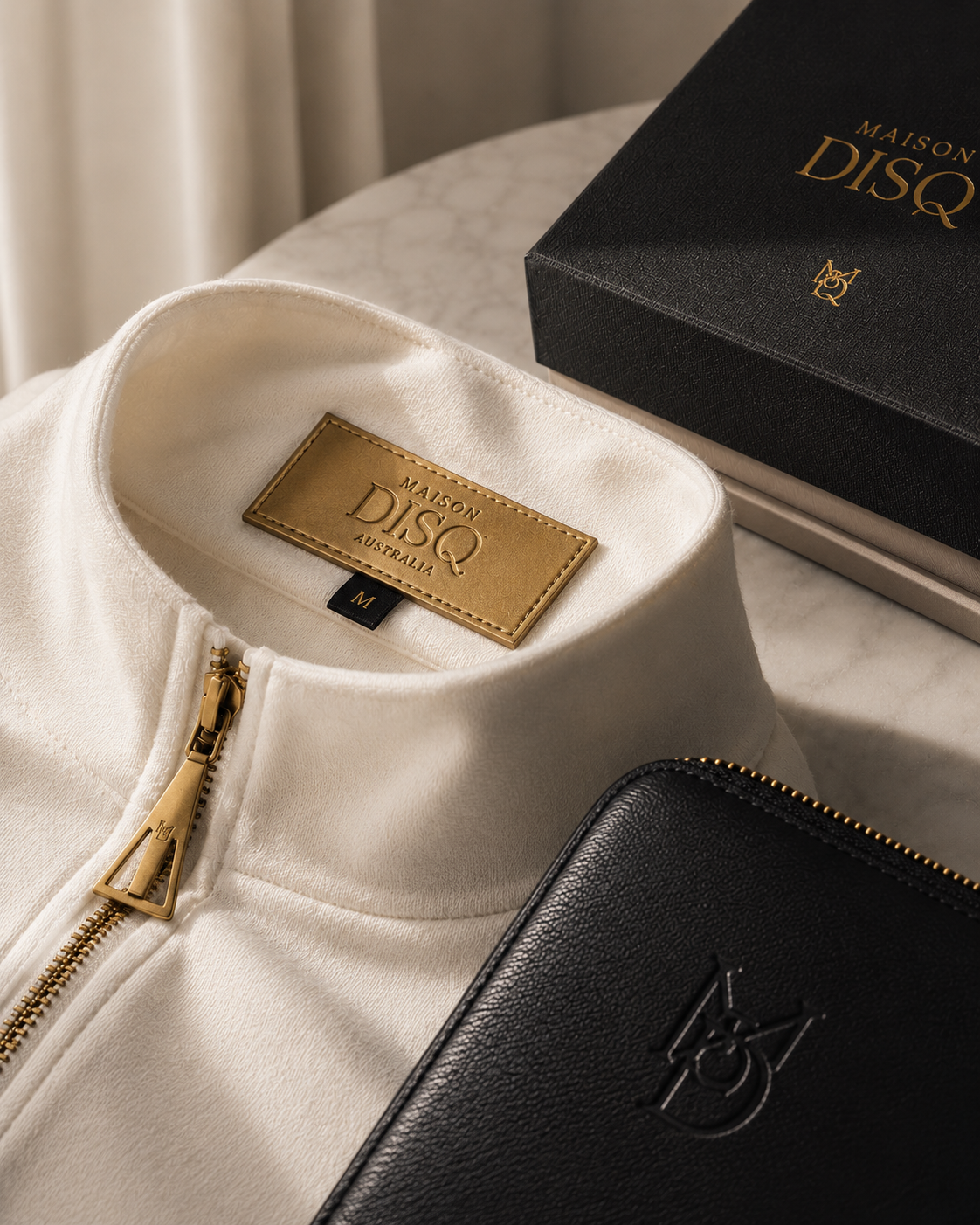 MAISON DISQ product detail still life with label, zipper, and packaging references.